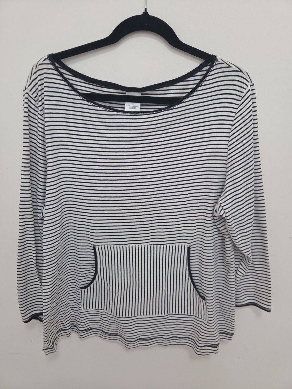 Classic Elements Black White Striped Top 1X Long Sleeve Pockets 100% Cotton